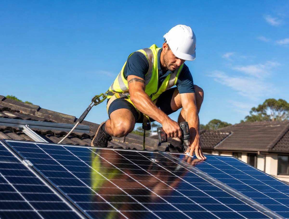 Solar installer fitting photovoltaic panels on a residential roof